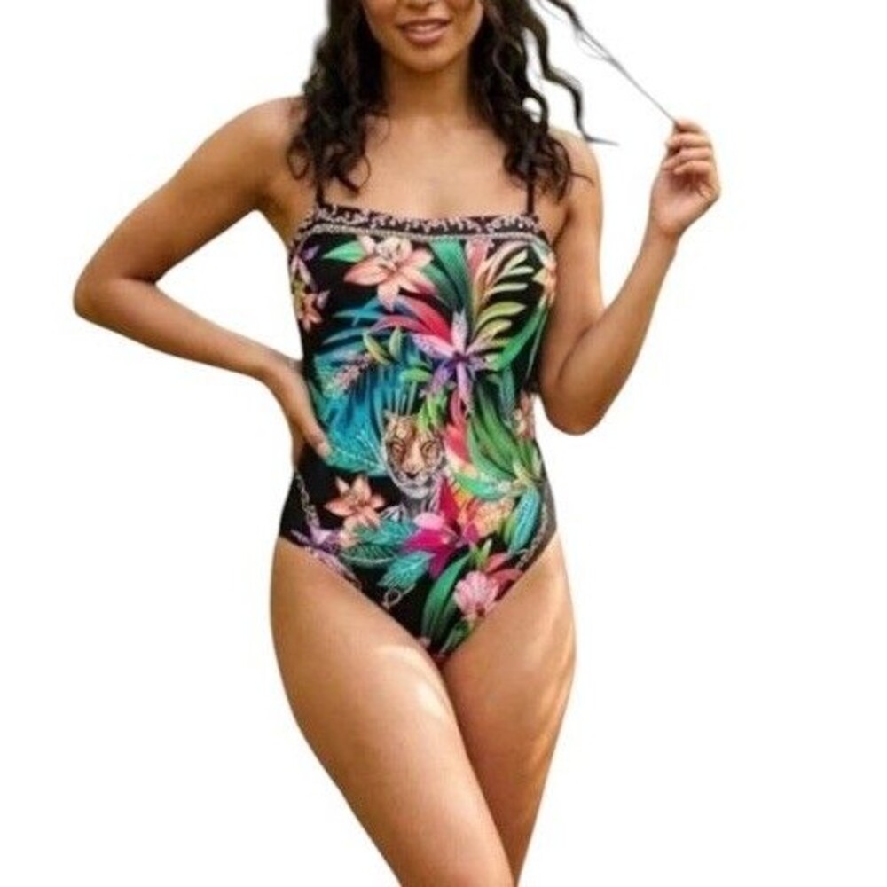 Johnny Was Miller One Piece Swimsuit Size SMALL Black Multi Jungle Tropical NWT
